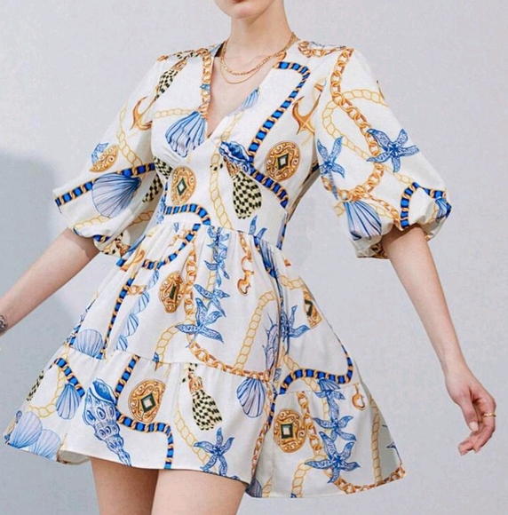 Dresses & Skirts - Multi-Color Blue & Beige Contrast Coin Chain & Shell Anchor Random Print